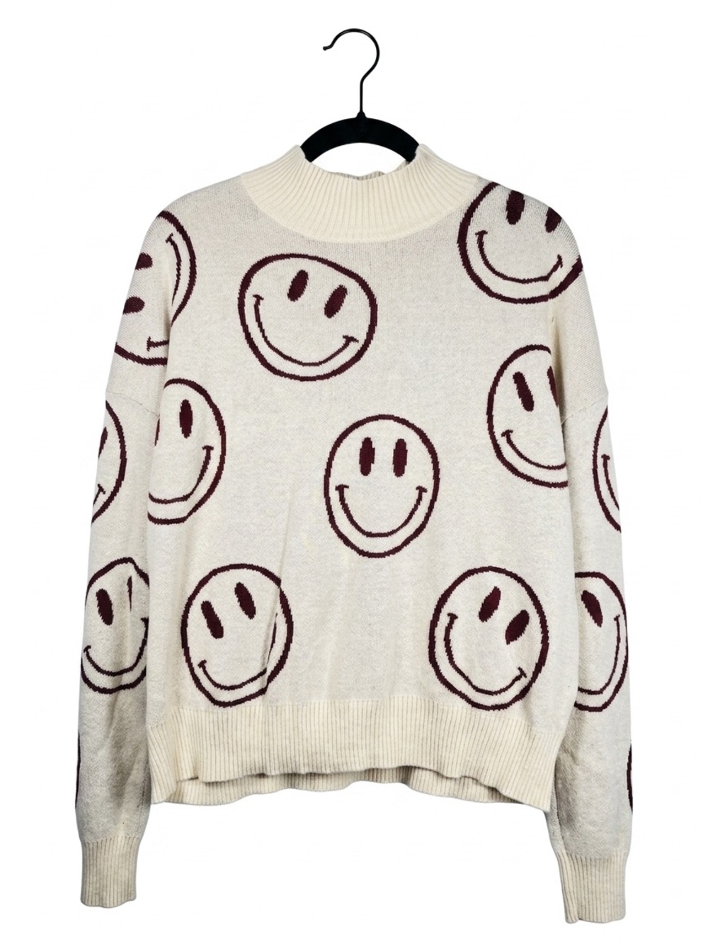 Nikka K Cream W/Burgundy Knit Smiley Face Mock Neck Sweater Hippie Junior Sz XL - Picture 2 of 5
